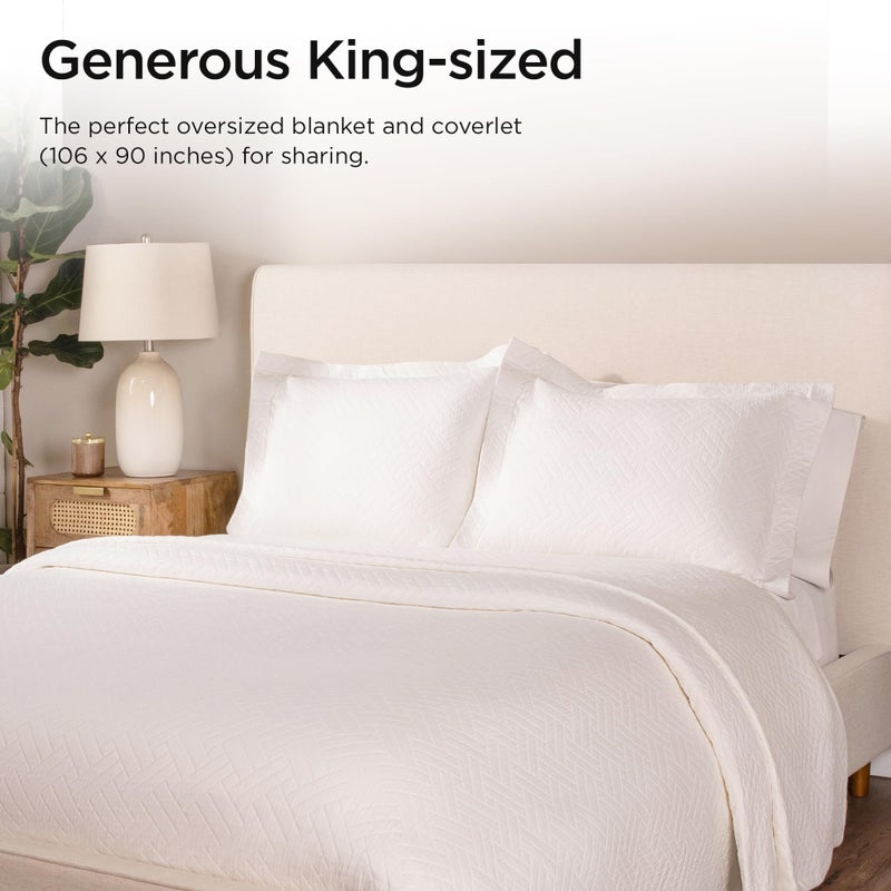 Threadmill Luxury Cotton Blankets for King Size Bed | All-Season Cozy 100% Cotton King Blanket | Criss Cross Jacquard Soft & Lightweight Coverlet fits California King Size Bed, 104x92 | White - Image 2